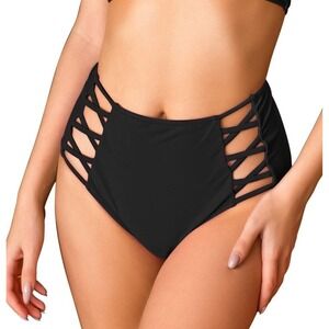 NWT Shade & Shore Black Criss Cross Bikini Bottoms Women's size LARGE 12/14